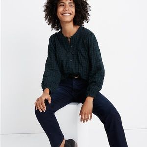Madewell plaid balloon sleeve peasant top